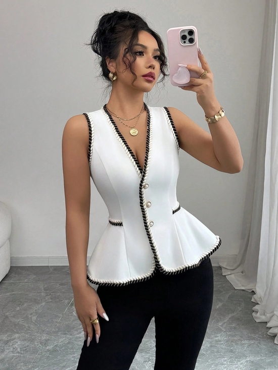 SHEIN Tops - SHEIN White Sleeveless Peplum Vest with Black Trim